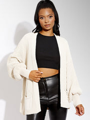 Waist Length Balloon Sleeve Knitted Cardigan