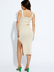 Spleet zijde geribbelde midi -jurk