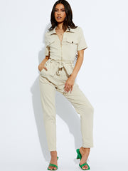 Collared Zip Front Belted Jumpsuit
