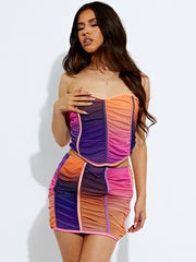 Tie-Dye Ruched Mesh Bandeau Crop Top & Rok Coördin