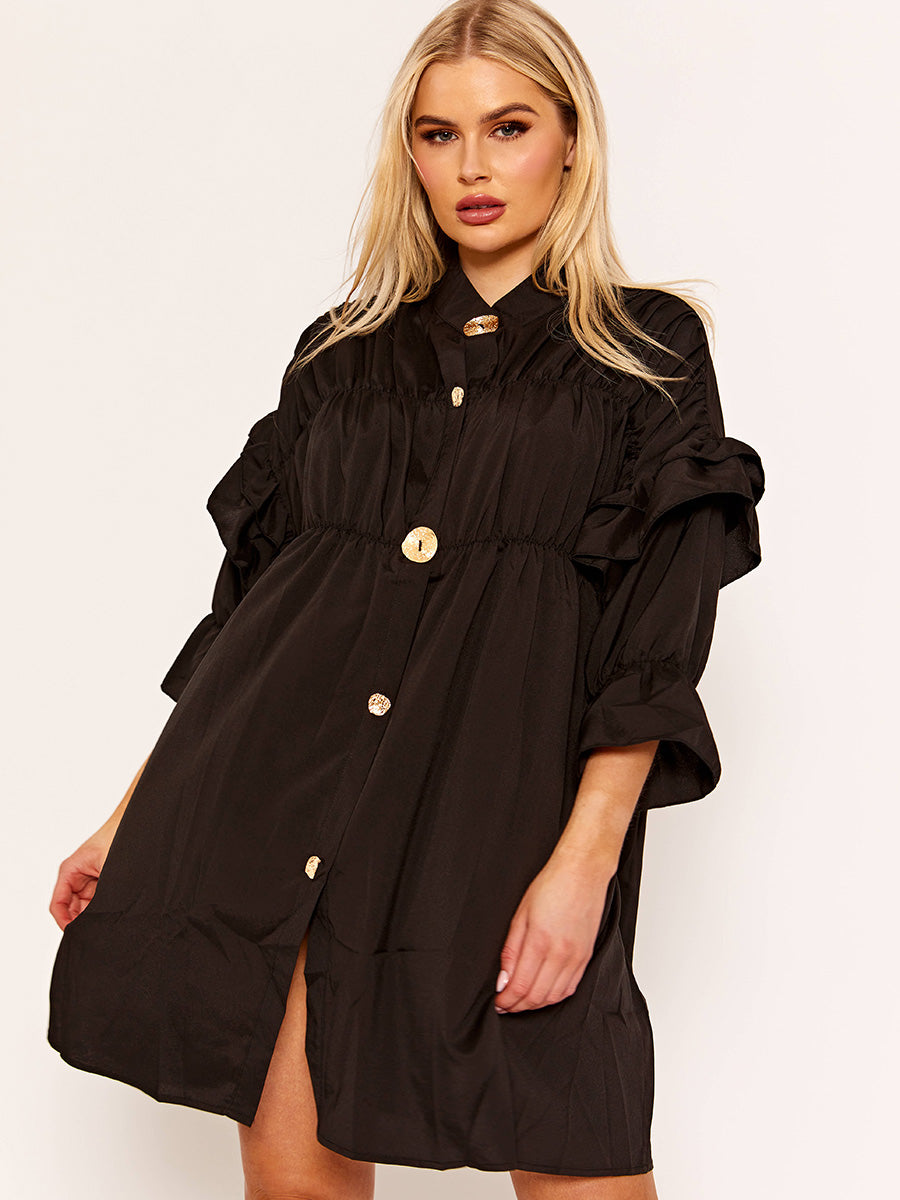 ruched smock dress Black Cotton Poplin Ruched Smock Dress