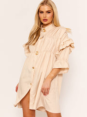 Ruched Frill Buttoned Smock Dress