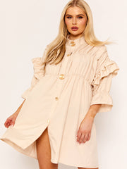 Ruched Frill Buttoned Smock Dress