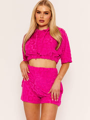 Hooded Crop Top & Shorts Flower Pattern Towelling Co-ord