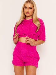 Hooded Crop Top & Shorts Flower Pattern Towelling Co-ord