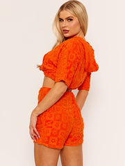 Hooded Crop Top & Shorts Flower Pattern Towelling Co-ord