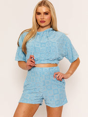 Hooded Crop Top & Shorts Flower Pattern Towelling Co-ord