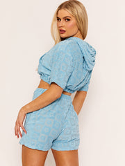 Hooded Crop Top & Shorts Flower Pattern Towelling Co-ord