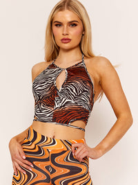 Zebra print twist front slinky halter top - Light Chocolate