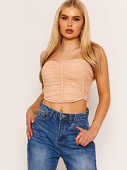 Top de cultivo de corsé de malla de malla ruchada