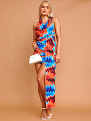 Gedrukte halter cowhals ruches jurk met een lange drapeer