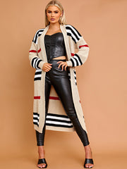 Striped Longline Knitted Open Cardigan