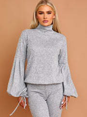 Melange Knit Balloon Sleeve Top & Flare Trouser Co-ord