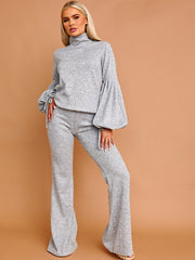 Melange Knit Balloon Sleeve Top & Flare Trouser Co-ord