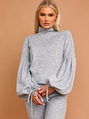 Melange Knit Balloon Sleeve Top & Flare Trouser Co-ord