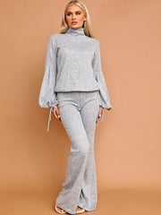 Melange Knit Balloon Sleeve Top & Flare Trouser Co-ord