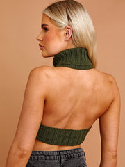 Halter Roll Neck Asymmetric Hem Knitted Crop Top