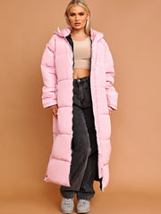 Longline Quilted Hooded Coat with Button Detail