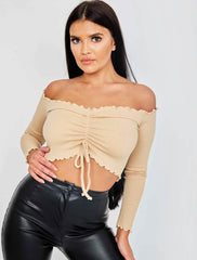 Ruched Frill Ribbed Bardot Crop Top