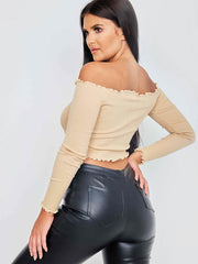 Ruched Frill Ribbed Bardot Crop Top