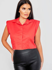 Padded Shoulder Cropped Shirt Blouse