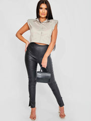 Padded Shoulder Cropped Shirt Blouse