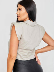 Padded Shoulder Cropped Shirt Blouse
