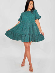 Spot Print Frill gestufte Smock -Kleid