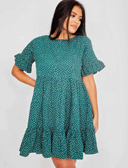 Spot Print Frill gestufte Smock -Kleid