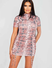 Snake Print Ribbed Ruched Dress