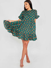 Kreis Print Frill gestufte Smock -Kleid