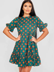 Kreis Print Frill gestufte Smock -Kleid