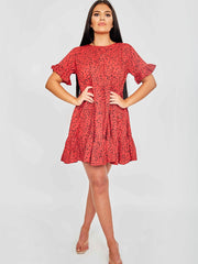 Spot Print Frill gestufte Smock -Kleid