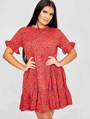 Spot Print Frill gestufte Smock -Kleid