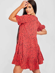 Spot Print Frill gestufte Smock -Kleid