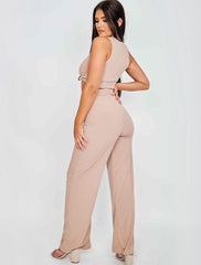 Sleeveless Ruched Crop Top & Trouser Ribbed Co-ord
