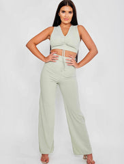 Sleeveless Ruched Crop Top & Trouser Ribbed Co-ord