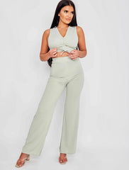 Sleeveless Ruched Crop Top & Trouser Ribbed Co-ord