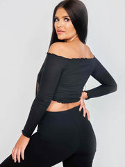 Rüschendetail gerippte Bardot Crop Top