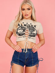 Almuth Graphic Print Lace Up Crop Top