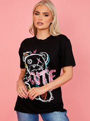 Cute Teddy Graphic Glitter Detail T-Shirt