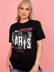 Bonjour met liefde grafisch glitter detail T-shirt