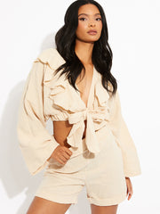 Cheesecloth Frill Detail Tie Knot Blouse & Shorts Co-ord