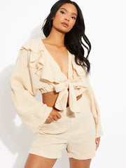 Cheesecloth Frill Detail Tie Knot Blouse & Shorts Co-ord
