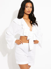 Cheesecloth Frill Detail Tie Knot Blouse & Shorts Co-ord