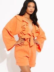 Cheesecloth Frill Detail Tie Knot Blouse & Shorts Co-ord