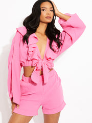 Cheesecloth Frill Detail Tie Knot Blouse & Shorts Co-ord