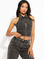 Halter Denim Crop Top