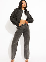 Ruched Sleeve Zipped Bomber Jacket