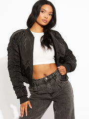 Ruched Sleeve Zipped Bomber Jacket